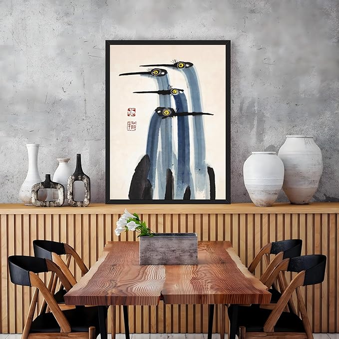 RINMFEO Antique Asian Crane Watercolor Canvas Art Vintage Japanese Chinese Painting Museum Quality Wall Decor For Living Room Bedroom 16x24inch Black frame