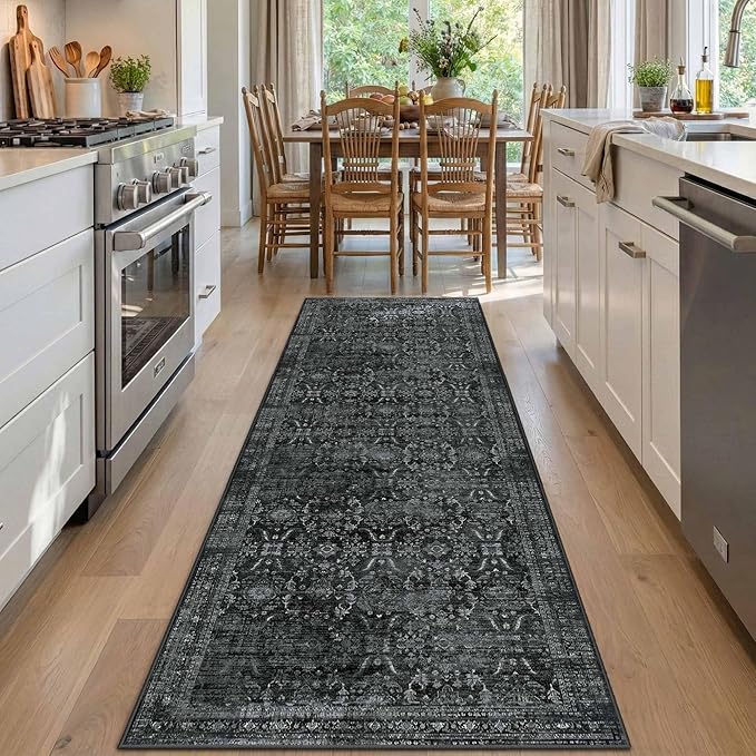 Rugxara 2x6 Runner Rug, Washable Kitchen Rugs, Black Boho Vintage Floral Hallway Runner, Non Slip Low Pile Area Rug Carpet for Indoor Hallway, Kitchen, Laundry Room and Bathroom(Black 2x6ft)