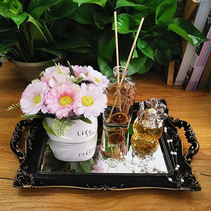 Rectangle Decorative Mirror Tray, French Style, Makeup Organizer, Jewelry Organizer, Serving Tray, 9.5"x 14.9", Golden Black