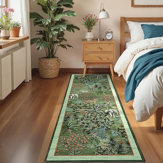 GarveeHome Jungle Rug 2.5x10 Kitchen Runner Rug Non Slip Washable Runners for Hallways, Animal Print Runner Rugs with Rubber Backing Low-Pile Long Carpet for Bedroom Entryway Laundry, Forest Green