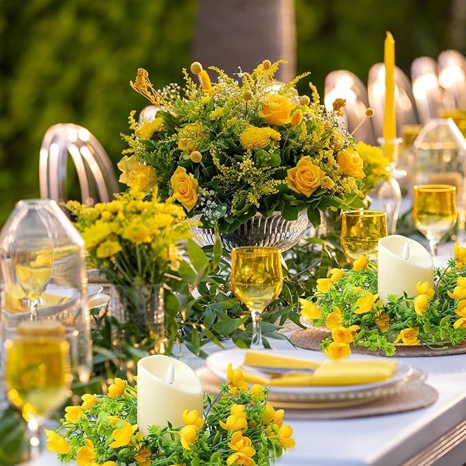 Daifunli 2 Pcs Spring Summer Faux Primrose Flowers Candle Rings Artificial Silk Yellow Flower Farmhouse Wreaths for Pillar 3.9 Inch Candles Holder for Spring Summer Rustic Table Centerpiece Decor