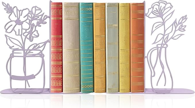 Flower Vase Bookends, Metal Decorative BookEnds for Shelves Cute Book Ends for Office Home Decor, Ideal Gift for Book Lovers (Purple)