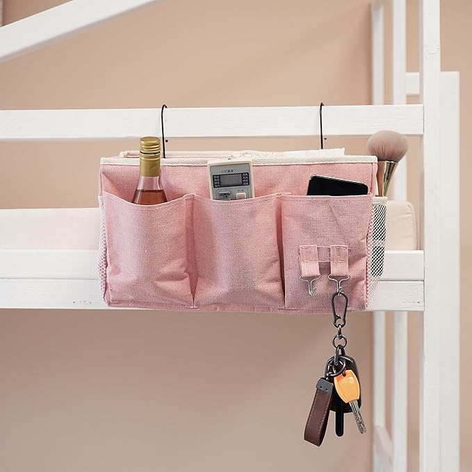 Bedside Caddy, Bedside Hanging Storage Organizer forBunk and Hospital Beds,College Dorm Bed，Can be Placed Glasses Books Mobile Phones(Light Pink)