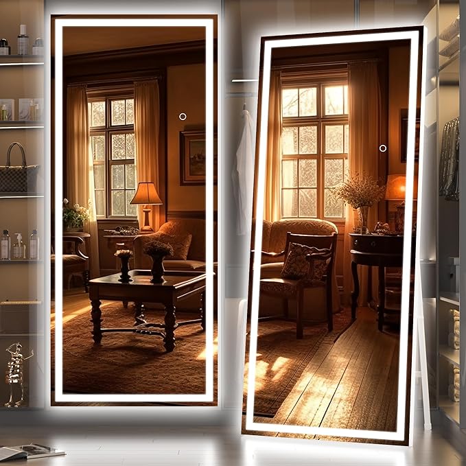 Hasipu Full Length Mirror with Lights, 71" x 24" LED Lighted Floor Standing, Full Body Dressing Hanging Mounted Mirror, Tempered Glass, Square White