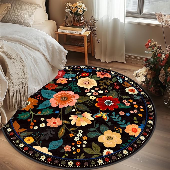 RELEANY Floral Nursery 4ft Area Rugs Washable Print Boho Cute Carpet Non Slip Flower Low Pile for Living Room Kids Girls Playroom Bedroom Kitchen Office Farmhouse-Black