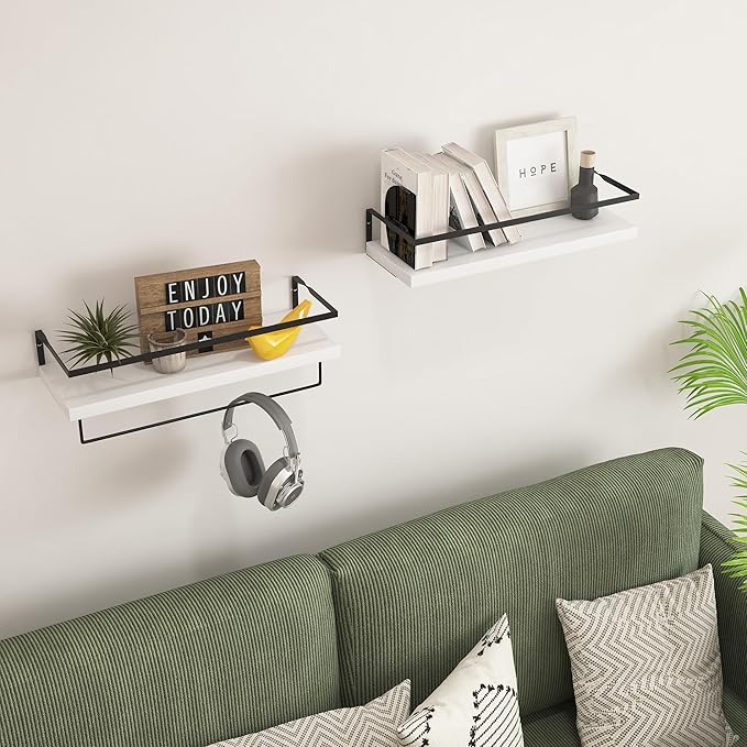 White Wood Floating Shelves Wall Mounted - 2+1 Tier Rustic Bathroom Wall Shelves Over Toilet with Towel Bar, Natural Wood Set of 2 Farmhouse Floating Shelf for Bathroom, Kitchen, Bedroom.