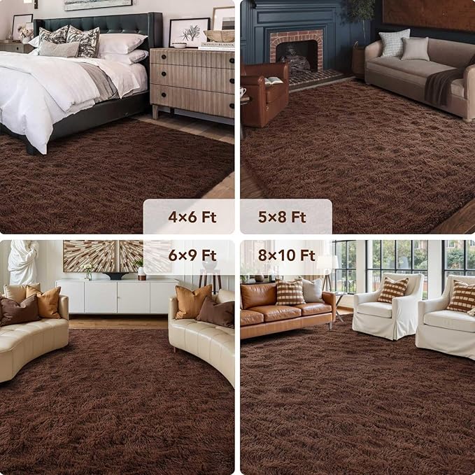 FinRèc Dark Brown Rugs for Bedroom Living Room, 4x6 Feet Fluffy Shaggy Area Rug, Non-Slip Soft Shag Rug for Nursery Kids Room Dorm Room Home Decor, Indoor Plush Floor Carpet