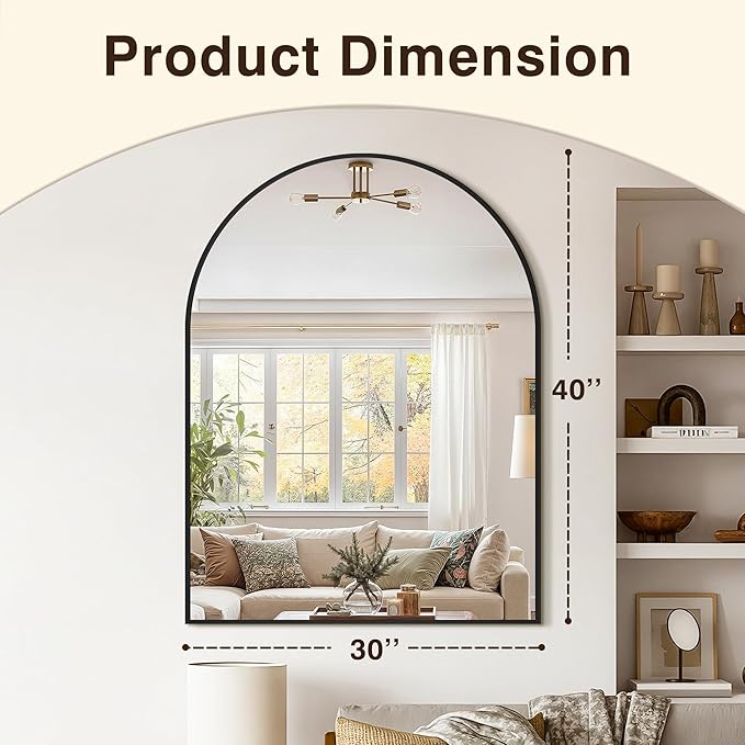 Vanity Bathroom Mirror for Wall, 40"x30" Arched Bathroom Mirror for Over Sink, Arched Metal Frame for Bedroom, Living Room, Entryway, Hanging or Leaning, Black