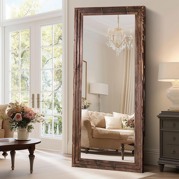 Full Length Wood Mirror 71x30 - Rustic Solid Wood Floor Mirror with Triple Layer Frame, HD Tempered Glass, Wall Mounted or Leaning Standing Mirror Vintage Brown Mirror for Bedroom Bathroom Living Room