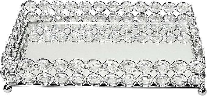 Elegant Designs HG1010-CHR Elipse Crystal Decorative Mirrored Jewelry or Makeup Cosmetic Perfume Vanity Organizer Tray, Chrome (Pack of 3)