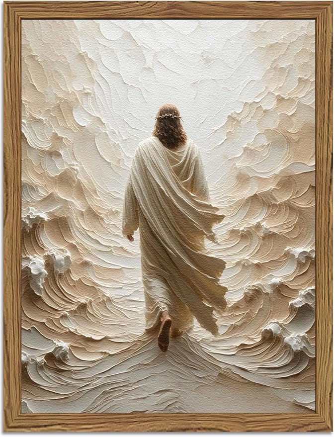 Jesus Walking on Water Wall Art, Frame 3D Textured Hand Drawn Sandstone Christian Wall Decor Paintings, Religious Spiritual Pictures for Living Prayer Room Bedroom 24x36 inch Wood Framed