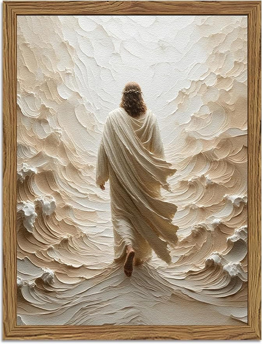 Jesus Walking on Water Wall Art, Frame 3D Textured Hand Drawn Sandstone Christian Wall Decor Paintings, Religious Spiritual Pictures for Living Prayer Room Bedroom 24x36 inch Wood Framed