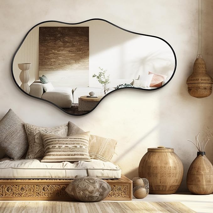 Bathroom Mirrors for Over Sink - Wall Mirrors Decorative 26"x 43" Asymmetrical Abstract Aviation Aluminum Alloy Frame Unique for Bathroom, Bedroom, Living Room, Cloakroom, Entryway Black