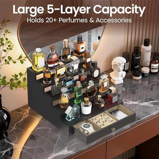 MODOWEY Perfume Organizer Cologne Holder Stand for Men, Wooden Wide-Spaced Shelf with Drawer, 5 Tier Large Capacity Storage Rack for Dresser Countertop, for a Neat, Accessible Fragrance Display, Black