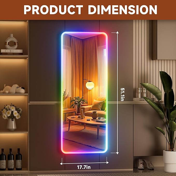 Hasipu 51"x17.7" LED RGB Door Mirror Full Length, Full Body Full Length Over The Door Mirror with Lights, Door Hanging & Wall Mounted Mirror for Bedroom, Living Room, Cloakroom