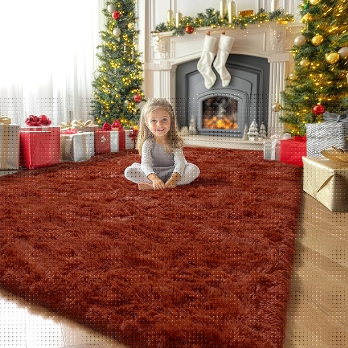 Amdrebio Terracotta Rust Large Area Rug 8x10 for Living Room Bedroom, Fluffy Fuzzy Shaggy Furry Rugs for Kids Room Decor Aesthetic, Big Cute Plush Shag Rustic Carpet for Classroom Playroom Nursery
