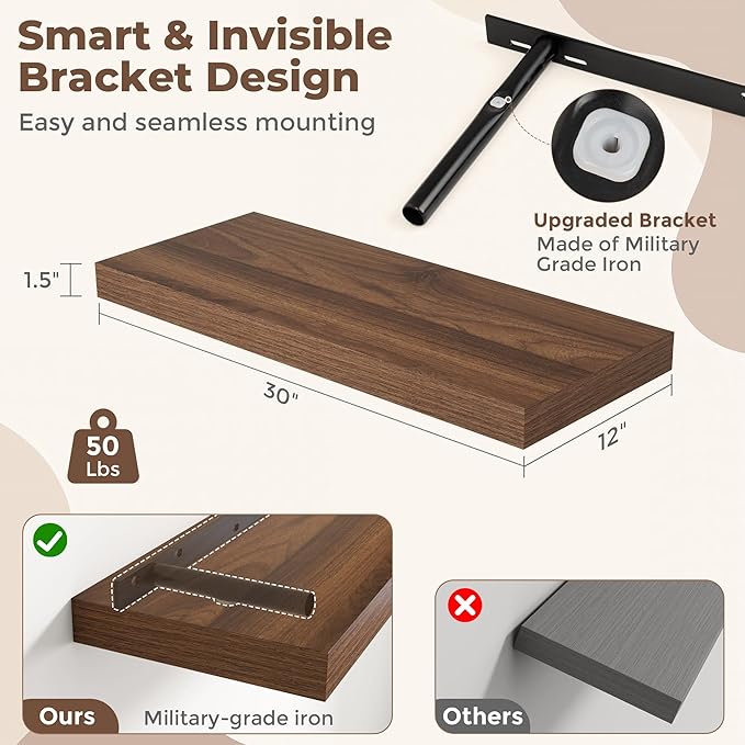 30 Inch Walnut Floating Shelves for Wall, 12 Inch Deep Shelves for Bathroom|Kitchen|Bedroom, Wall Mounted Rustic Wood Floating Shelf with Invisible Brackets for Books|Storage|Decor, 2 Pack