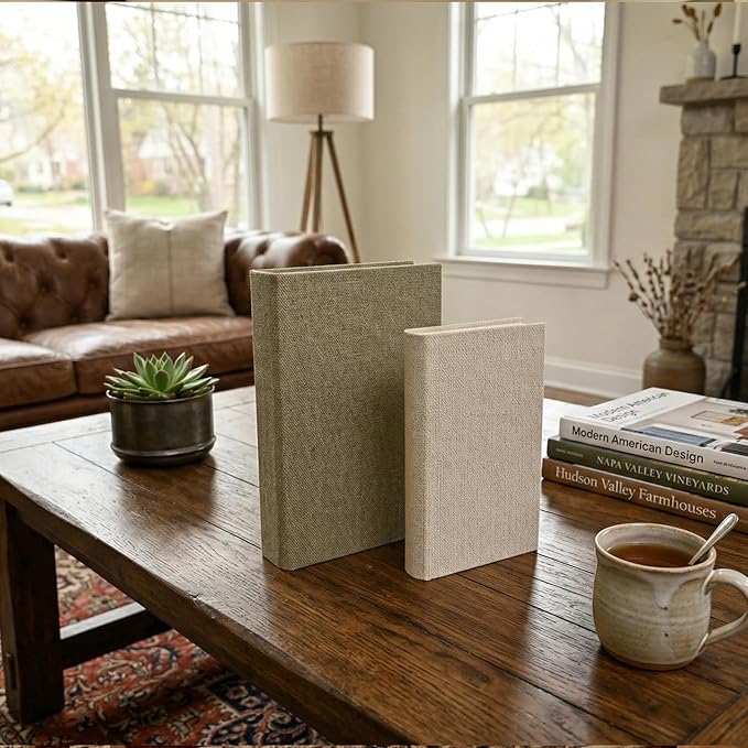 DECOR4SEASON Decorative Faux Book Storage Boxes Set of 2, Linen Fabric Textured Books, Neutral Cream & Grey, Modern Minimalist Home Decor, Bookshelf Accents for Coffee Table