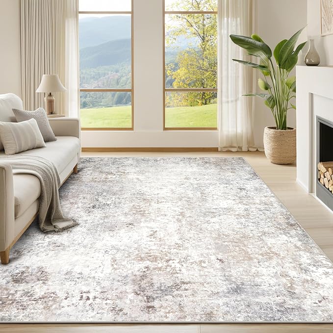 Srugn Washable Rugs 6x9 Area Rugs for Living Room,Modern Abstract Rugs for Bedroom,Large Carpets,Ultra Soft Faux Wool Retro Dining Room Rug,Non Slip&Non-Shedding Low Pile Print Rug- Beige Grey