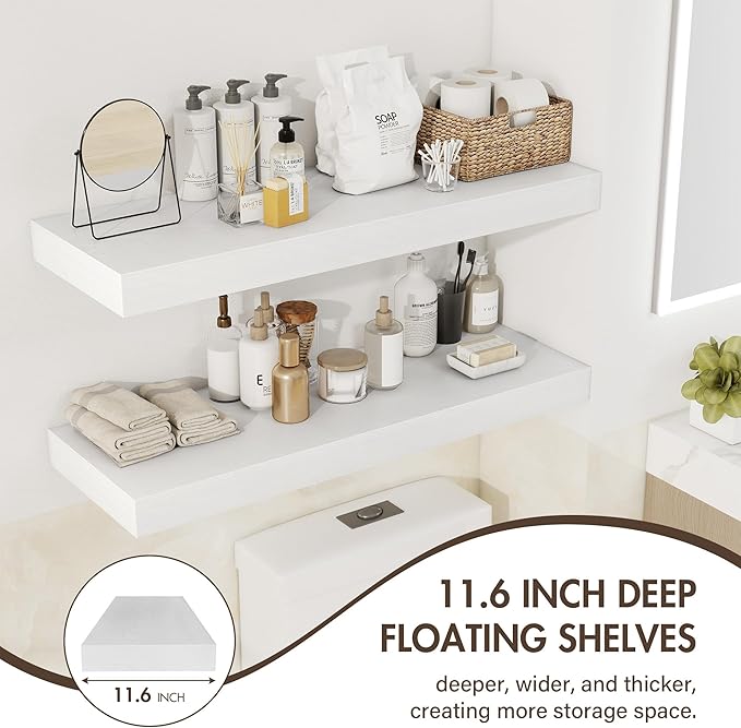 Acovy 40 Inch Floating Shelves, 12" Deep Floating Shelf Wall Mounted, 40" Wall Shelves, Rustic Deep Bookshelf, Extra Deeper & Thicker Display Shelves for Bedroom, Living Room, White, Set of 2