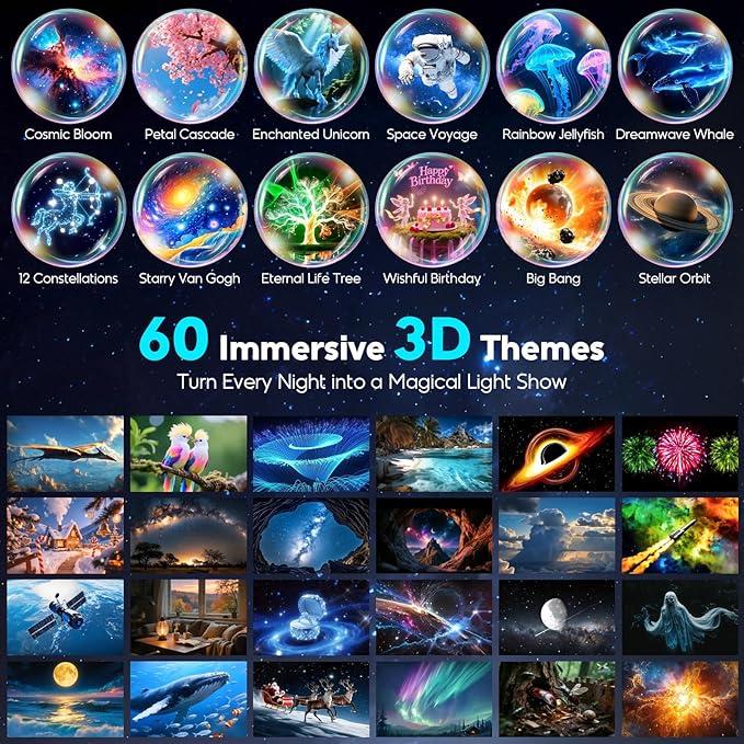 3D Galaxy Projector with 60 Immersive Themes, HD Immersive Star Projector with Bluetooth Speaker & Timer, Aurora Nebula Projector Night Light for Room/Christmas/Party/Birthday (White)