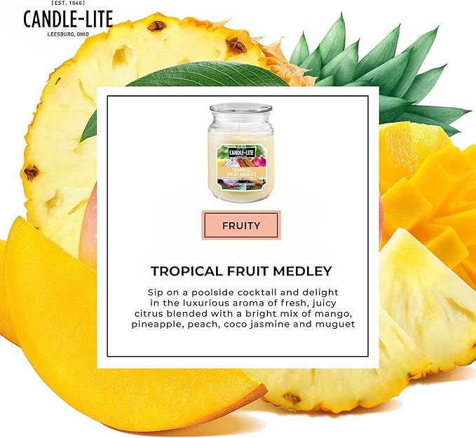 Candle-lite Scented Candles, Tropical Fruit Medley, 18 oz Jar, Proudly Poured in the USA, Aromatherapy Candle, Single-Wick with 110 Hours of Burn Time, Perfect for Creating a Refreshing Ambiance