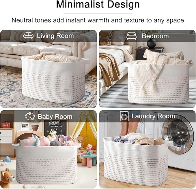 OIAHOMY 108L Extra Large Blanket Basket, 25”x16”x16” Rectangle Woven Cotton Rope Baskets for for Living Room, Toy Storage with Handle- Light Yellow & White