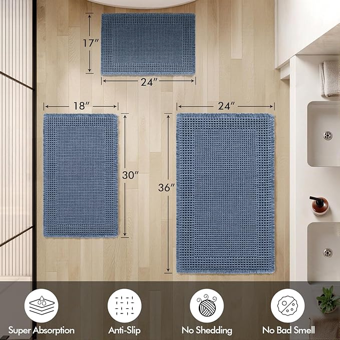 MIULEE Set of 2 Waffle Bathroom Rugs, Boho Bath Rug Super Absorbent, Non Slip Washable Ultra Soft Rubber Backed Shower Bath Mats for Floor, Tub, Shower, Bordered Design, Blue, 17"x24"+18"x30"