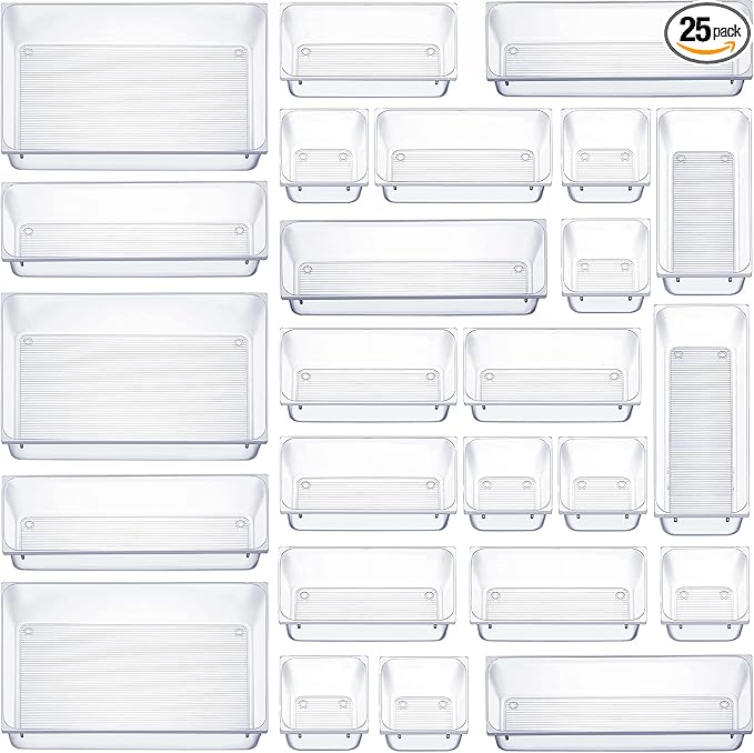 Seseno 25 PCS Clear Plastic Drawer Organizers Set, 4-Size Versatile Bathroom and Vanity Drawer Organizer Trays, Storage Bins for Makeup, Bedroom, Kitchen Gadgets Utensils and Office Accessories