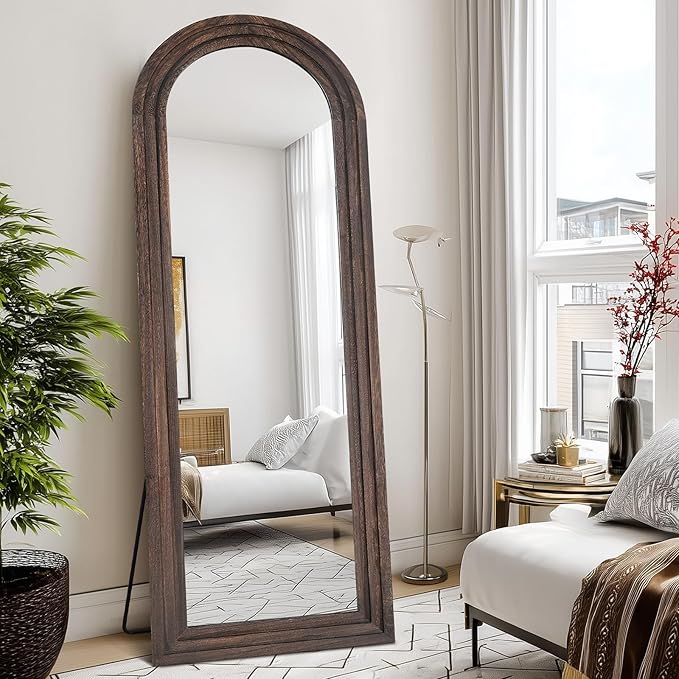 65"x22" Arched Floor Mirror, Solid Wood Full Length Mirror - Free Standing & Wall Mounted - Elegant Design for Bedroom, Dressing Room, Hallway, Brown