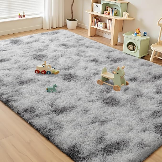 Modern Soft Fluffy Small Shaggy Rug for Bedroom Livingroom Dorm Kids Room Indoor Home Decorative, Non-Slip Plush Furry Fur Area Rugs Comfy Nursery Floor Carpet 7X10 Feet,Tie-Dyed White Grey