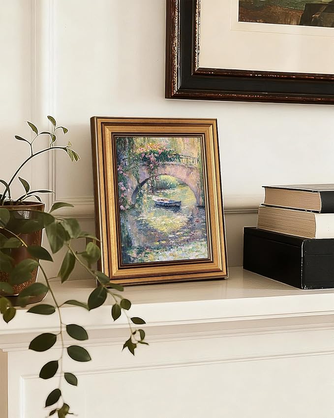 InSimSea Gold Framed Canvas Wall Art, Vintage Country Decor, Monet Bridge Pastel Oil Paintings Farmhouse Decor Aesthetic, Small Countryside Prints for Bedroom Living Room Shelf Gift, 8x10inch