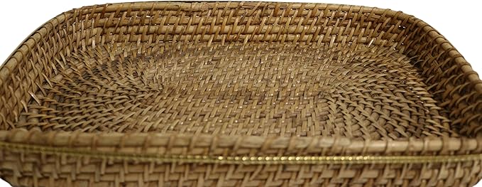 Home&Manor 15" Large Rectangular Brass Bordered Rattan Tray