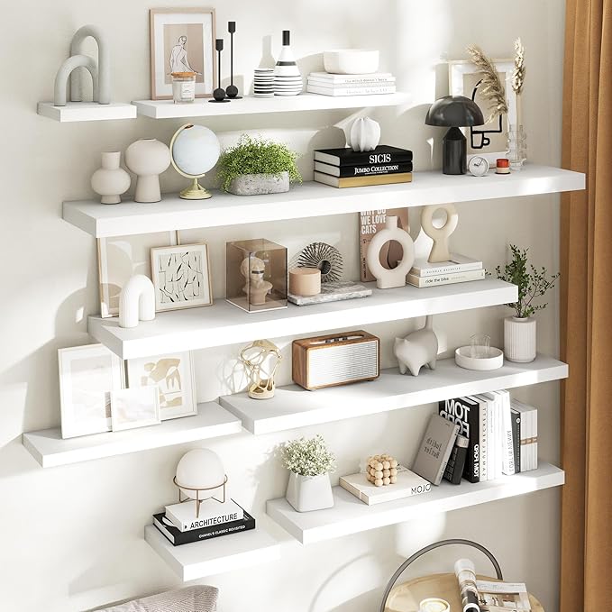40 Inch Floating Shelves for Wall with Invisible Brackets Set of 2, 9"D Engineered Wood Wall Shelves with Wood Grain for Living Room, Bedroom, Bathroom, Kitchen Decor and Storage, White Finish