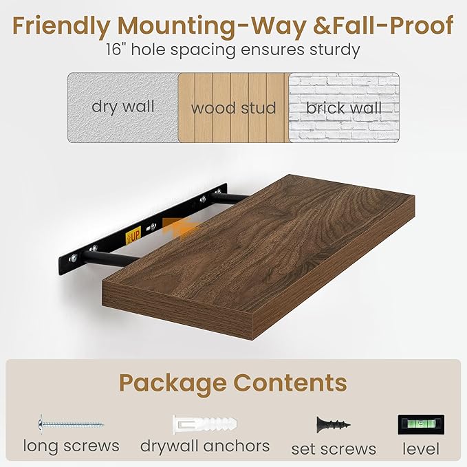 Fun Memories 72 Inch Long Floating Shelves for Wall, 72x9.3 Large Floating Shelf for Bedroom, Kitchen, Bathroom, Wall Mounted Rustic Wood Shelves with Invisible Bracket for Books, Decor, Walnut