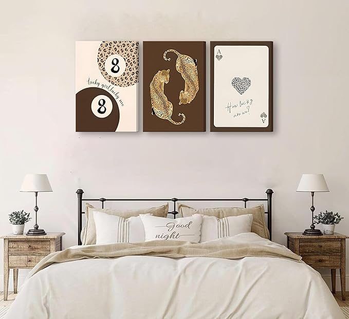 3pcs Framed Trendy Leopard Canvas Wall Art Funky Lucky 8 Ball Posters Prints Preppy Room Aesthetic brown Cheetah Prints Wall Decor Pictures for living room Bedroom Dorm Apartment