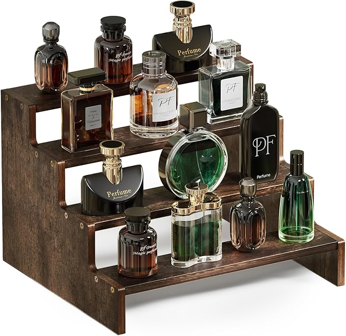 ProCase Wooden Cologne Organizer for Men, 4 Tier Perfume Organizer, Mens Cologne Stand Holder Storage, Display Riser Shelf Rack for Fragrances Candles Cosmetics Cupcake Figure Spice -Brown