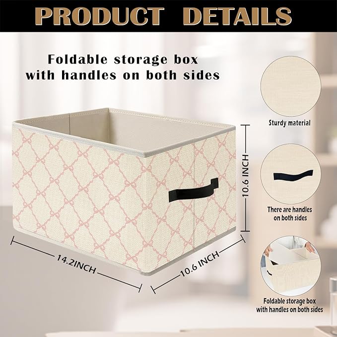 Coquette Pink Bow Ribbon Storage Bin Box with Handles, Preppy Girly Bow Aesthetic Foldable Organizer Basket Toybox for Girls Room Dorm Bedroom Bathroom Clothes Toys Books