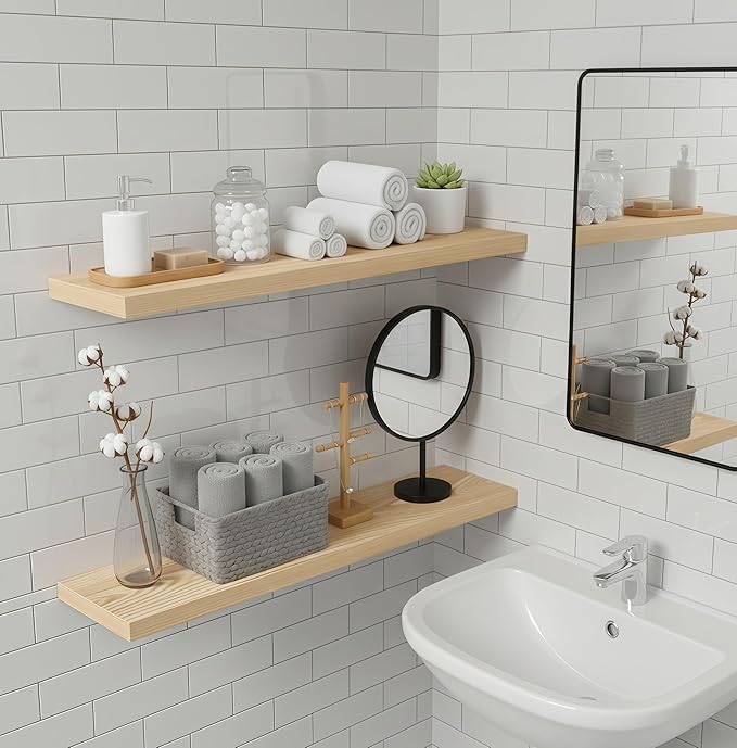 Lufia Floating Wall Shelves, Set of 2, MDF with Invisible Brackets, Modern Storage for Bedroom, Bathroom, Living Room, Kitchen (Oak, 32" W x 7" D x 1.5" H)