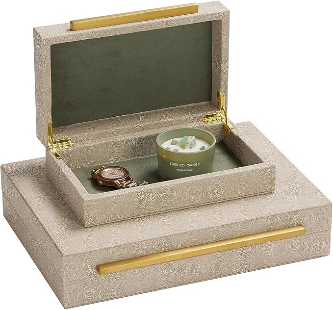 Kingflux Ivory Shagreen Leather Set of 2pcs Decorative Boxes, Storage Boxes Jewelry Organizer, Woment&Men's Accessory Organizer ，Memory Keepsake Box with Brushed Gold handle(Ivory)