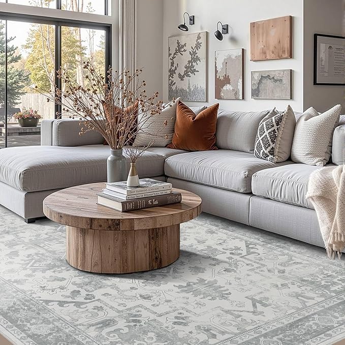 Rugxara 6x9 Washable Area Rug for Living Room, Neutral Vintage Large Boho Rugs for Office, Dining Room, Kids Room, Farmhouse, Durable Low Pile Non Slip Carpet for High Traffic Areas, Light Grey