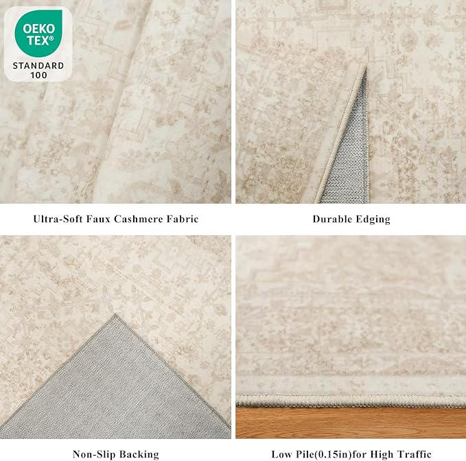 2x3 Washable Non-Slip Area Rug - Soft Low Pile Throw Rug for Kitchen Entryway Bedroom - Vintage Distressed Indoor Door Mat with Rubber Backing (Ivory Beige)