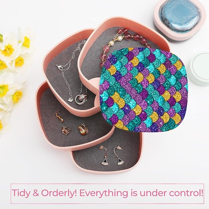 4-Layer Rotating Jewelry Storage Tray with Mirror Colorful Mermaid Fish Scales Jewelry Organizer Earring Holder for Bracelets Rings