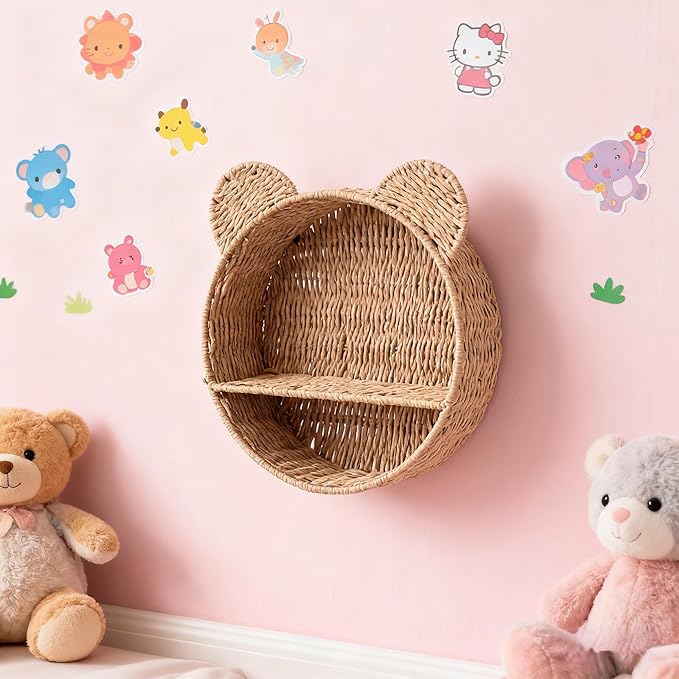 Bear Nursery Decor Wall Shelf, Handwoven Wicker Nursery Shelves for Wall, Wall Mounted Nursery Bookshelf for Small Books, Toys & Decor