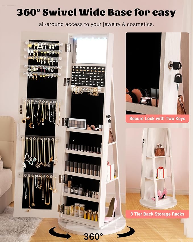 6 LEDs Jewelry Cabinet Standing Lockable with Rotatable Full-Length Mirror, 360° Swivel Jewelry Armoire with Jewelry Storage, 3 Rear Shelves, Jewelry Organizer for Best Gift, White