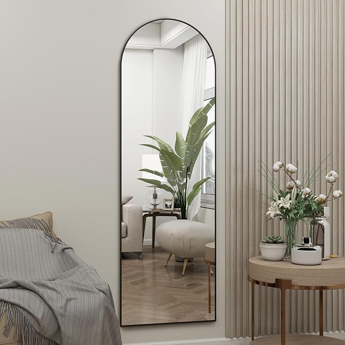 Arched Full Length Door Mirror 14x48, Metal Frame with Protective Film, No-Drilling Hanging or Wall Mount, Hooks & Hardware Included, Full Body Mirror for Bedroom, Dorm, Black