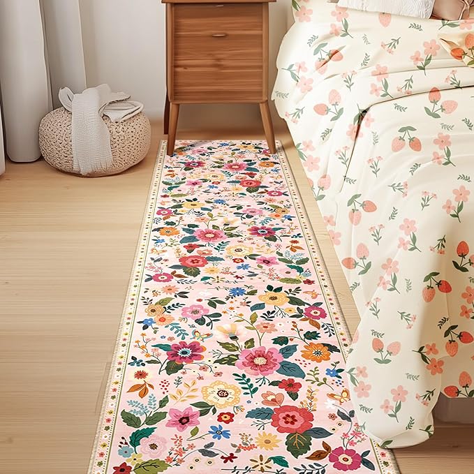 RELEANY Floral Nursery 2x8 Area Rugs Washable Print Boho Cute Carpet Non Slip Flower Low Pile for Living Room Kids Girls Playroom Bedroom Kitchen Office Farmhouse-Pink