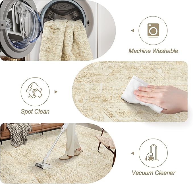Soalmost 6x9 Area Rug for Living Room Floral Washable Non-Slip Modern Rugs for Bedroom Dinning Room Ultra-Thin Indoor Beige