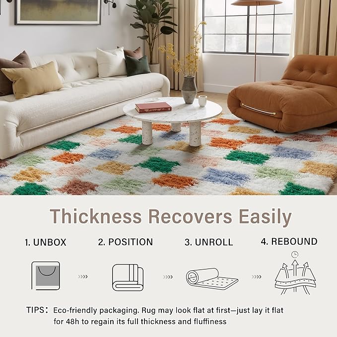 PureCozy Checkered Rug 5x8 for Living Room, Modern Neutral Shag Rug Super Soft Washable Indoor Fuzzy Carpet Non-Slip Fluffy Rugs for Bedroom Home Aesthetic Decor