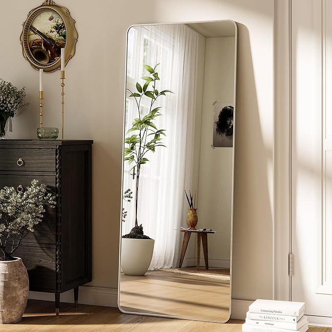 Silver Full Length Mirror 21 x 56 Inch Nano Floor Mirrors with Stand Rounded Corner Full Body Mirrors with Aluminum Alloy Frame for Bedroom Living Room Checkroom